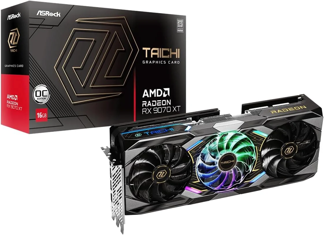 کارت گرافیک ASRock Radeon RX 9070 XT Taichi 16GB OC، معماری AMD RDNA، فرکانس بوست 3100 مگاهرتز، 16 گیگابایت GDDR6، DisplayPort 2.1a، HDMI 2.1b، خنک کننده سه فن، طراحی 16 فاز قدرت کارت گرافیک ASRock Radeon RX 9070 XT Taichi 16GB OC، معماری AMD RDNA، فرکانس بوست 3100 مگاهرتز، 16 گیگابایت GDDR6، DisplayPort 2.1a، HDMI 2.1b، خنک کننده سه فن، طراحی 16 فاز قدرت