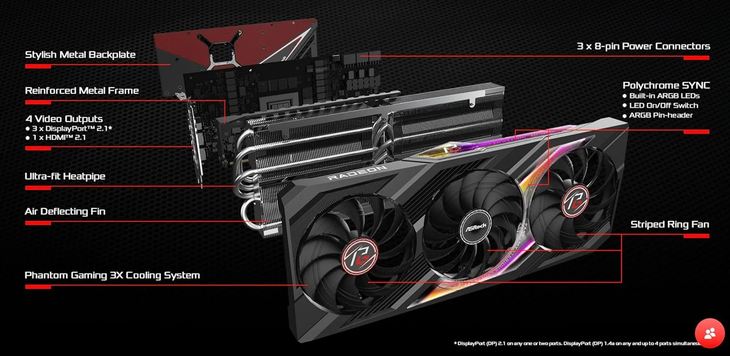 کارت گرافیک ASRock Phantom Gaming Radeon RX 7900 XTX 24GB OC GDDR6 PCI Express 4.0، فرکانس بوست: تا 2615 مگاهرتز / 20 گیگابیت بر ثانیه، 24 گیگابایت GDDR6 روی باس حافظه 384 بیتی، Polychrome SYNC، سیستم خنک کننده Phantom Gaming 3X. کارت گرافیک ASRock Phantom Gaming Radeon RX 7900 XTX 24GB OC GDDR6 PCI Express 4.0، فرکانس بوست: تا 2615 مگاهرتز / 20 گیگابیت بر ثانیه، 24 گیگابایت GDDR6 روی باس حافظه 384 بیتی، Polychrome SYNC، سیستم خنک کننده Phantom Gaming 3X.