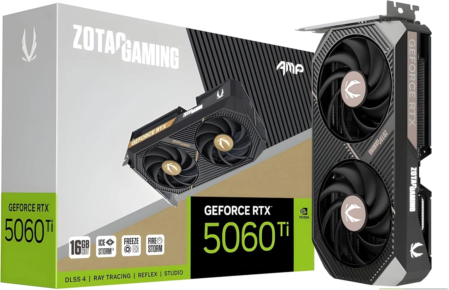 کارت گرافیک گیمینگ ZOTAC Gaming GeForce RTX 5060 Ti 16GB AMP DLSS 4، حافظه 16GB GDDR7، رابط 128-bit، سرعت 28 Gbps، PCIE 5.0، خنک کننده IceStorm 2.0، نورپردازی LED سفید، ZT-B50620F-10M