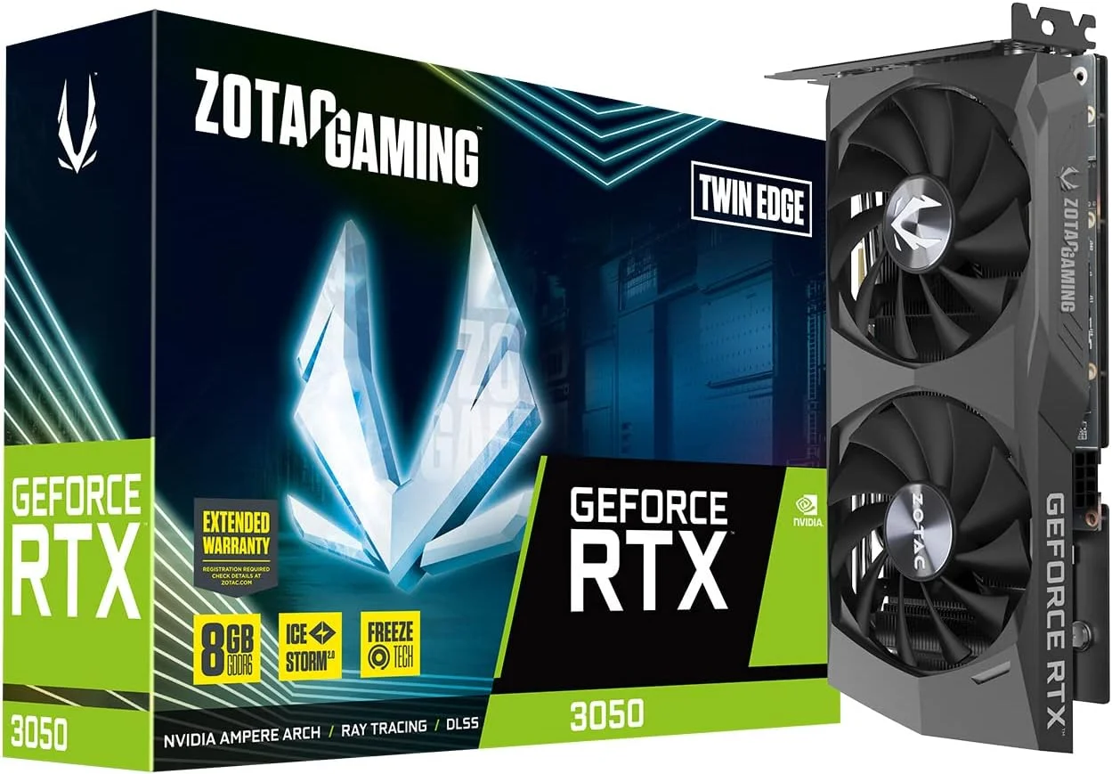 کارت گرافیک گیمینگ ZOTAC Gaming GeForce RTX™ 3050 Twin Edge با 8 گیگابایت حافظه GDDR6، رابط 128 بیتی، سرعت 14 گیگابیت بر ثانیه، PCIE 4.0، سیستم خنک کننده پیشرفته IceStorm 2.0، قابلیت توقف فن Freeze، کنترل فعال فن، ZT-A30500E-10M