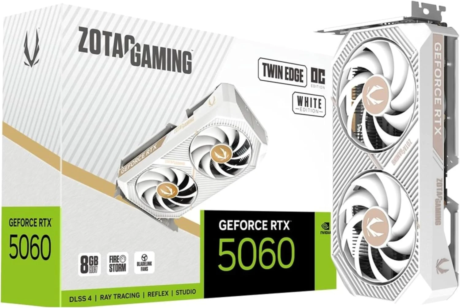 کارت گرافیک گیمینگ ZOTAC Gaming GeForce RTX 5060 Twin Edge OC White Edition DLSS 4 با 8 گیگابایت حافظه GDDR7، رابط 128 بیتی، سرعت 28 گیگابیت بر ثانیه، PCIE 5.0، کارت فشرده آماده SFF، مدل ZT-B50600Q-10M