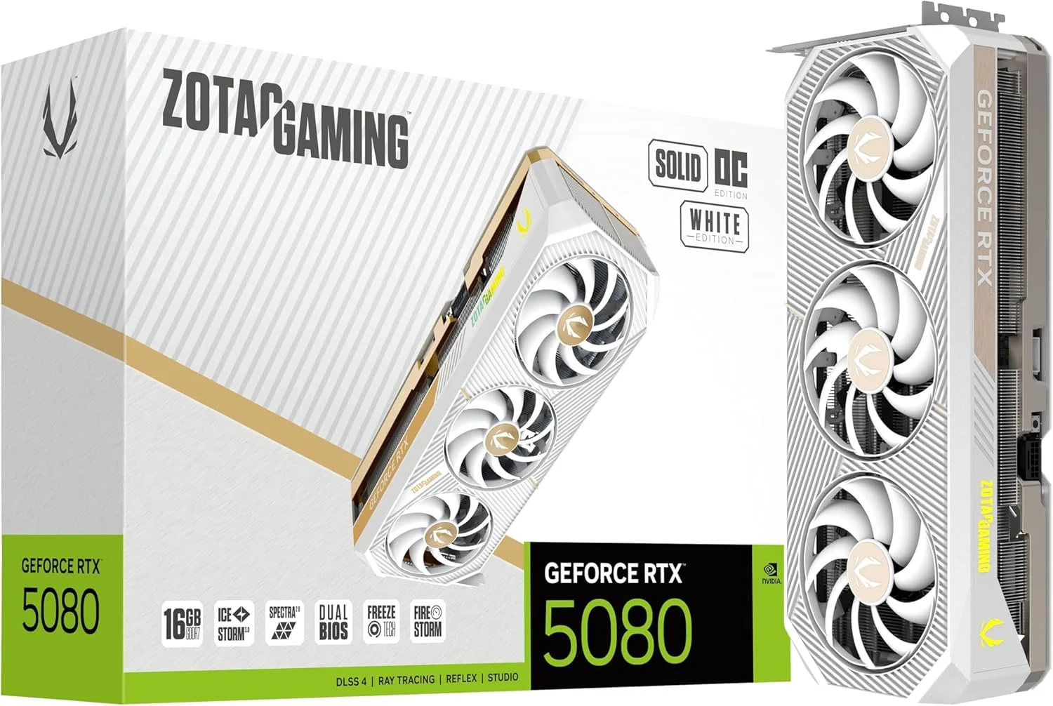 کارت گرافیک گیمینگ زوتک مدل GeForce RTX 5080 Solid OC White Edition DLSS 4 با 16 گیگابایت حافظه GDDR7 256-bit و سرعت 30 Gbps، اسلات PCIE 5.0، خنک کننده پیشرفته IceStorm 3.0، نورپردازی Spectra 2.0 ARGB، ZT-B50800Q-10P