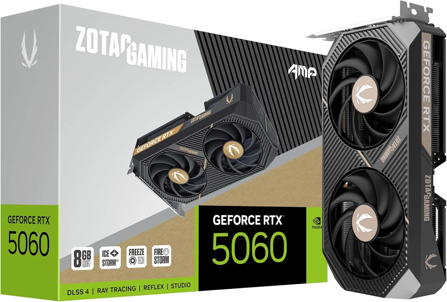 کارت گرافیک گیمینگ ZOTAC Gaming GeForce RTX 5060 AMP DLSS 4 با 8 گیگابایت حافظه GDDR7، رابط 128 بیتی، سرعت 28 گیگابیت بر ثانیه، PCIE 5.0، سیستم خنک کننده IceStorm 2.0، مدل ZT-B50600F-10M