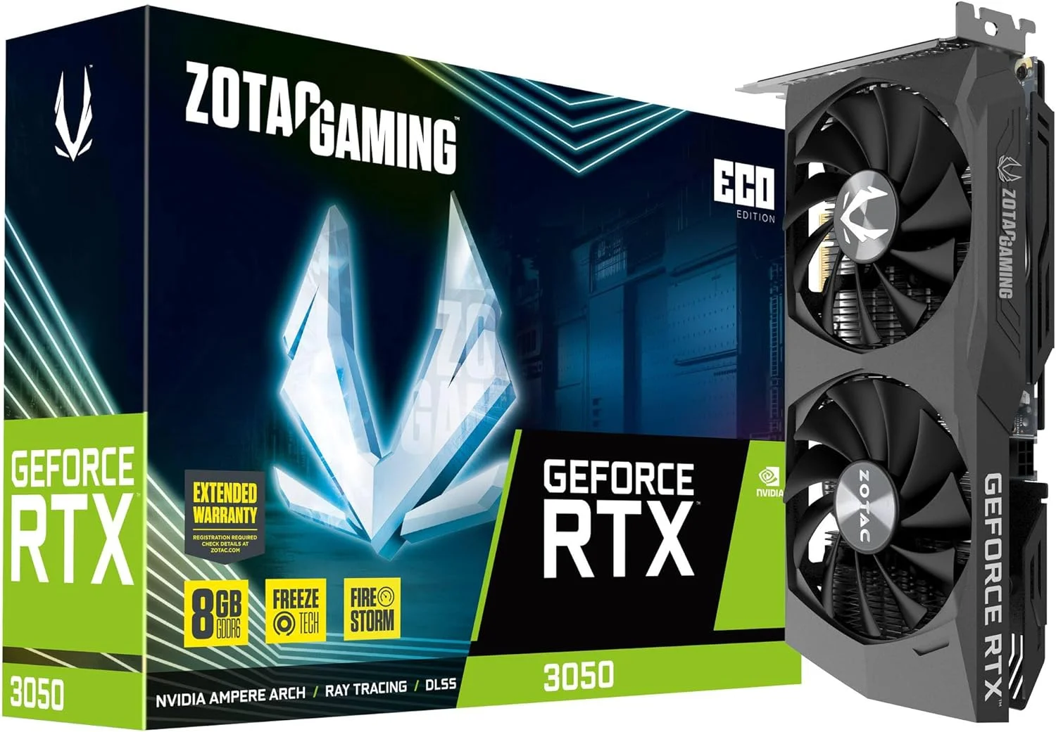 کارت گرافیک گیمینگ ZOTAC Gaming GeForce RTX™ 3050 ECO Edition با 8GB حافظه GDDR6، رابط 128-bit، سرعت 14 Gbps، اسلات PCIE 4.0، کنترل فعال فن و قابلیت توقف فن (Freeze Fan Stop)، مدل ZT-A30500K-10M