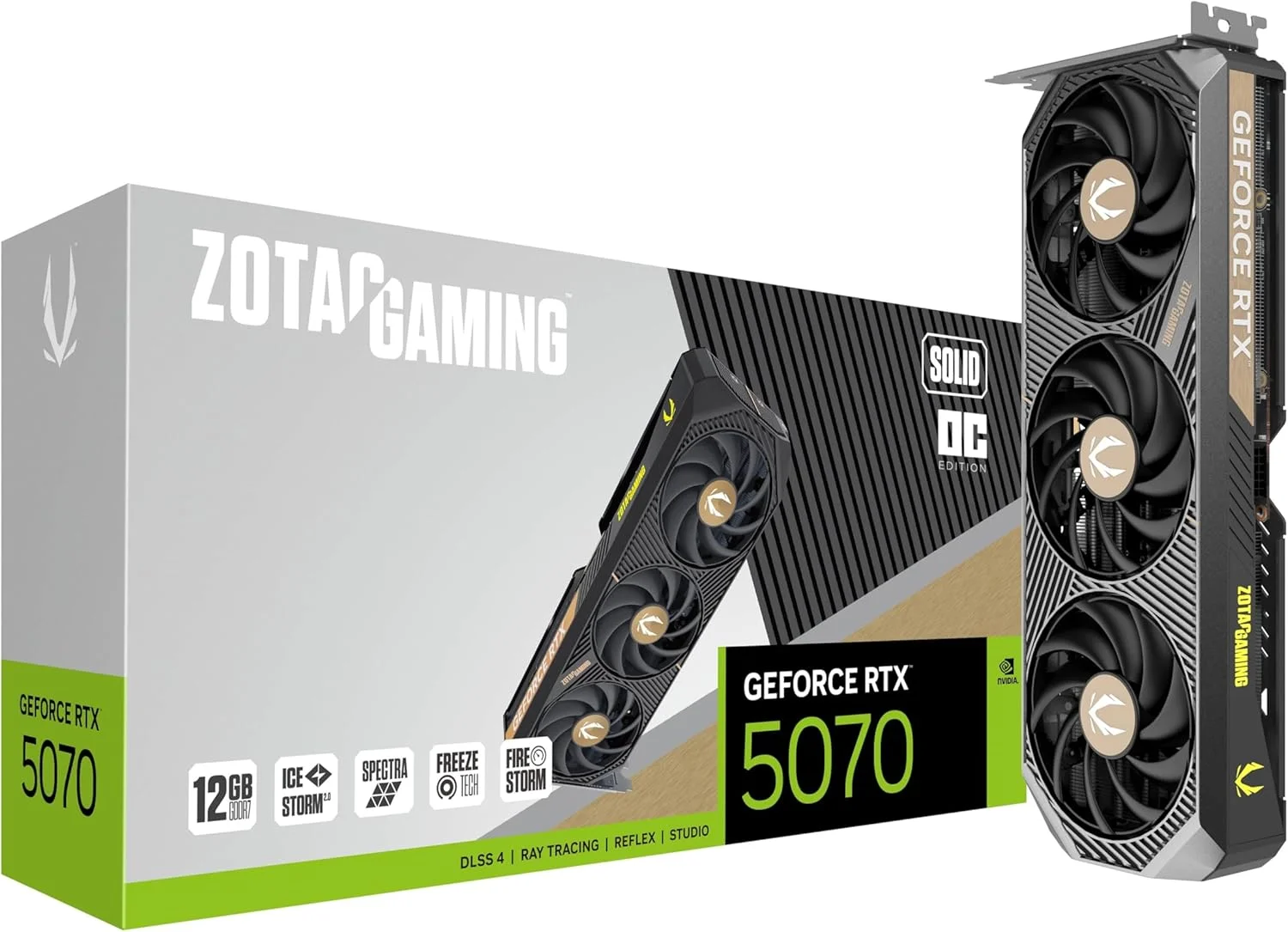 کارت گرافیک گیمینگ ZOTAC Gaming GeForce RTX 5070 Solid OC DLSS 4 با 12 گیگابایت حافظه GDDR7، رابط 192 بیتی، سرعت 28 گیگابیت بر ثانیه، PCIE 5.0، خنک کننده IceStorm 2.0، نورپردازی Spectra RGB، ZT-B50700J-10P