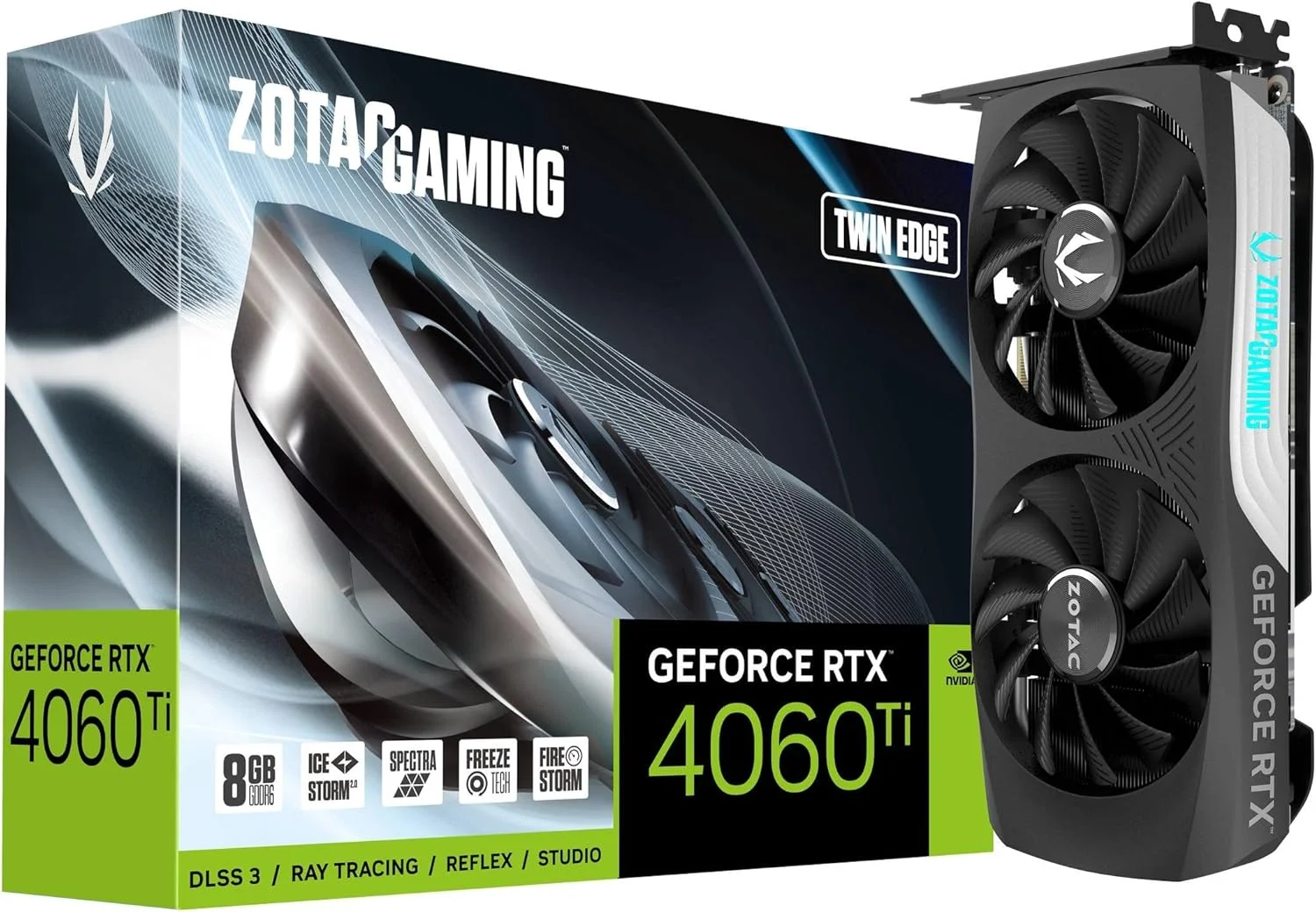 کارت گرافیک گیمینگ ZOTAC GeForce RTX 4060 Ti 8GB Twin Edge DLSS 3، حافظه 8GB GDDR6، رابط 128 بیتی، سرعت 18 Gbps، PCIE 4.0، خنک کننده پیشرفته IceStorm 2.0، نورپردازی Spectra RGB، ZT-D40610E-10M