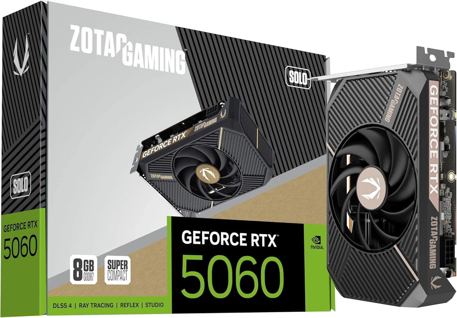 کارت گرافیک گیمینگ ZOTAC Gaming GeForce RTX 5060 Solo DLSS 4 با 8 گیگابایت حافظه GDDR7، 128 بیتی، 28 گیگابیت بر ثانیه، PCIE 5.0، کارت فوق العاده فشرده آماده SFF، مدل ZT-B50600G-10L