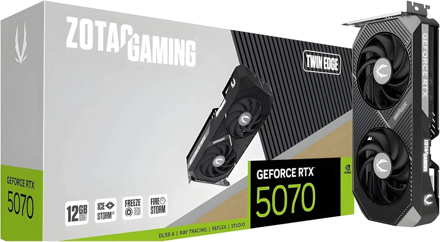 کارت گرافیک ZOTAC Gaming GeForce RTX 5070 Twin Edge - مشکی | 12 گیگابایت | DLSS 4 | GDDR7 | 192 بیت | خنک کننده پیشرفته IceStorm 2.0 | دو فن | آماده SFF | صفحه پشتی فلزی | ZT-B50700E-10P