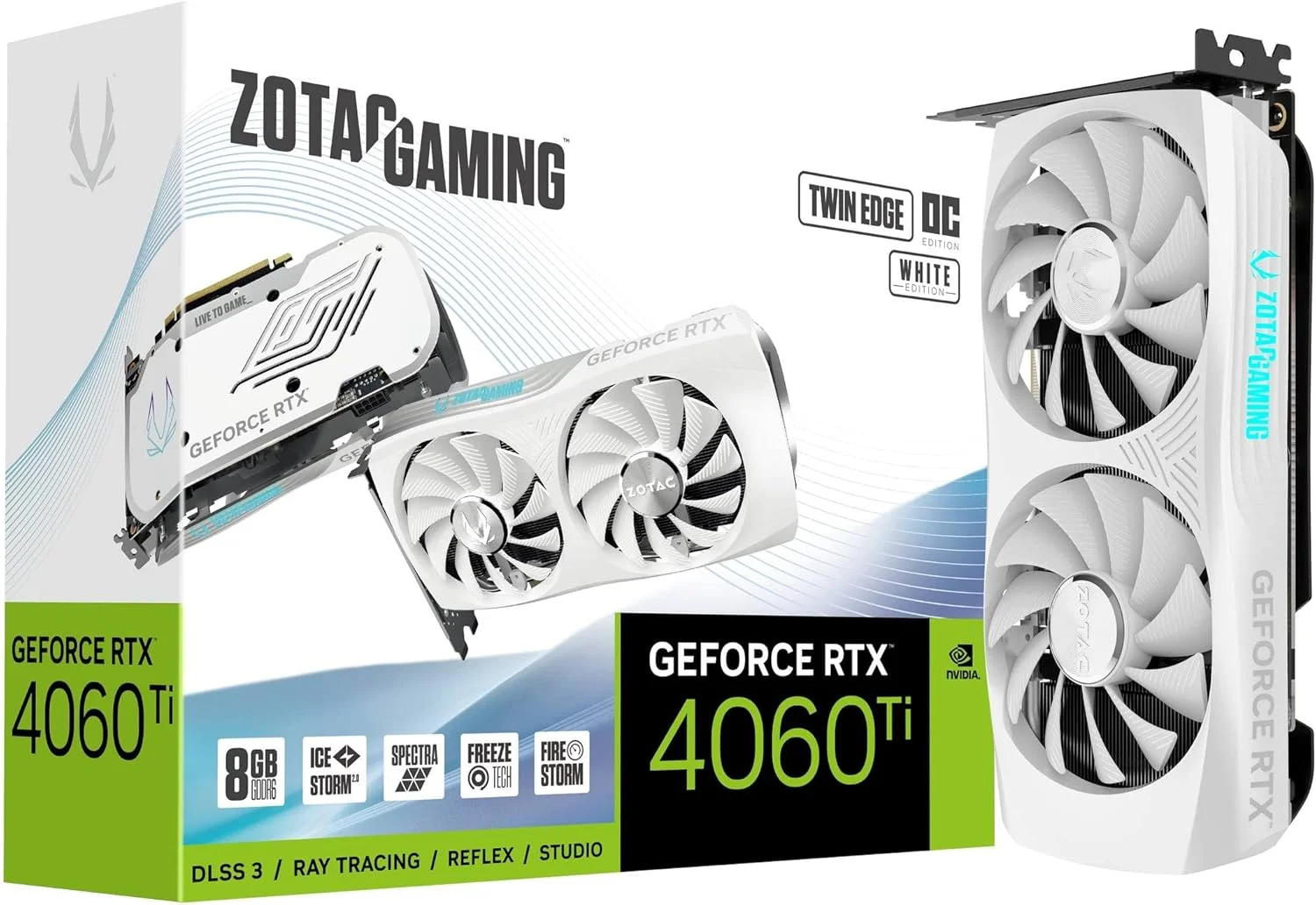 کارت گرافیک فشرده ZOTAC Gaming GeForce RTX 4060 Ti 8GB Twin Edge OC White Edition DLSS 3 8GB GDDR6 128-bit 18 Gbps PCIE 4.0، خنک کننده پیشرفته IceStorm 2.0، نورپردازی Spectra RGB، ZT-D40610Q-10M