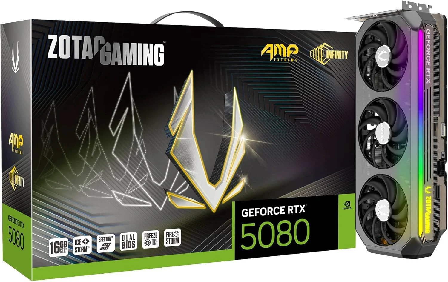 کارت گرافیک گیمینگ ZOTAC Gaming GeForce RTX 5080 AMP Extreme Infinity DLSS 4 با 16 گیگابایت حافظه GDDR7 256 بیتی 30 گیگابیت بر ثانیه PCIE 5.0، خنک کننده پیشرفته IceStorm 3.0، نورپردازی Spectra 2.0 ARGB، ZT-B50800B-10P