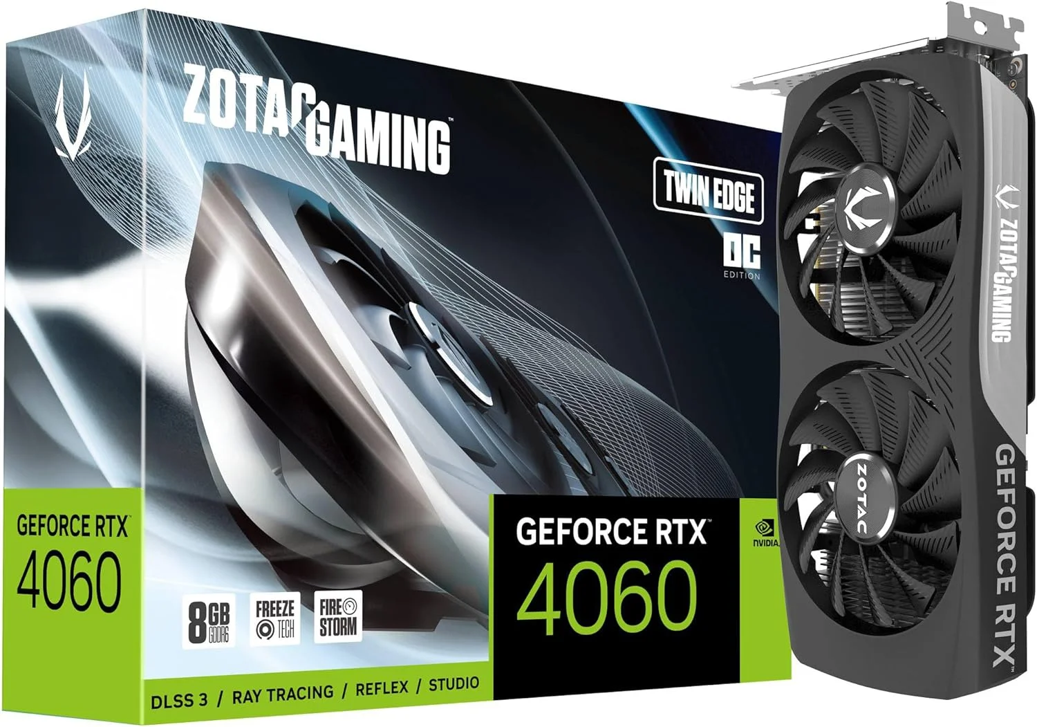 کارت گرافیک گیمینگ ZOTAC GeForce RTX 4060 8GB Twin Edge OC DLSS 3، حافظه 8GB GDDR6، رابط 128-bit، سرعت 17 Gbps، PCIE 4.0، کارت گرافیک گیمینگ کامپکت، ZT-D40600H-10M