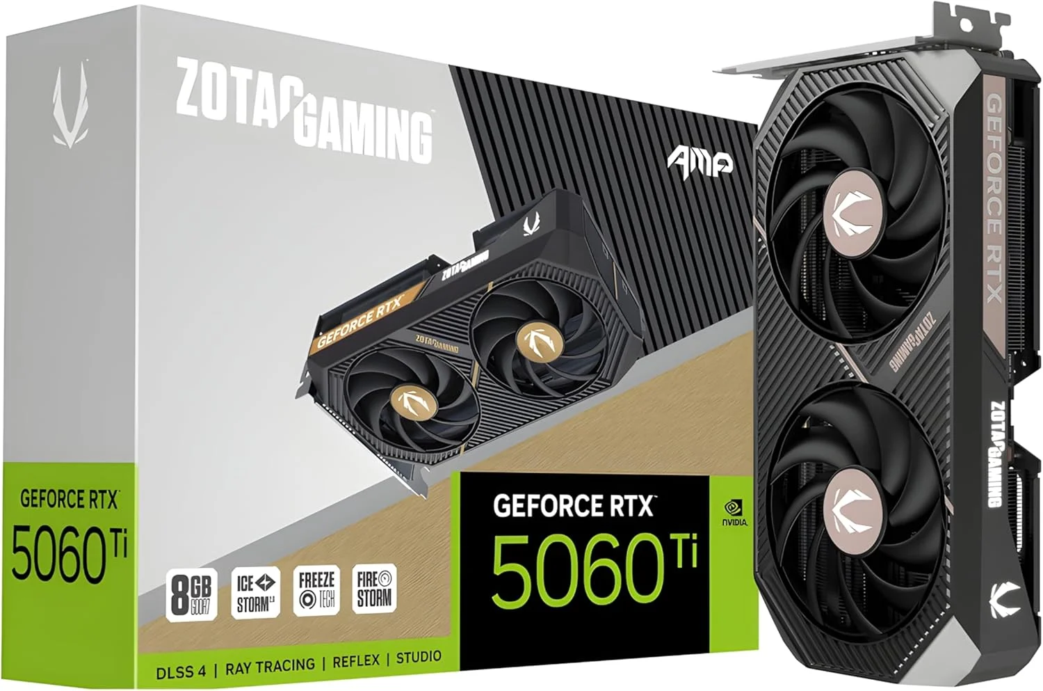 کارت گرافیک گیمینگ ZOTAC Gaming GeForce RTX 5060 Ti 8GB AMP DLSS 4، حافظه 8GB GDDR7، رابط 128-bit، سرعت 28 Gbps، PCIE 5.0، خنک کننده IceStorm 2.0، نورپردازی LED سفید، مدل ZT-B50610F-10M