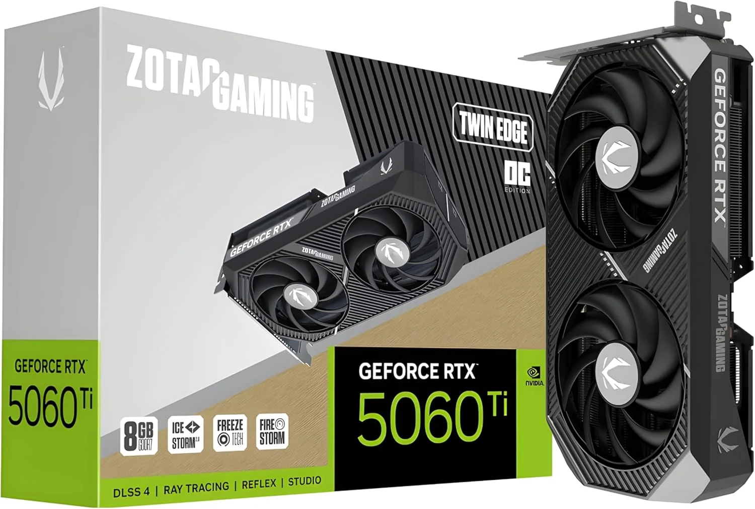 کارت گرافیک گیمینگ ZOTAC Gaming GeForce RTX 5060 Ti 8GB Twin Edge OC DLSS 4 با حافظه 8GB GDDR7 128-bit 28 Gbps PCIE 5.0، خنک کننده IceStorm 2.0، آماده SFF، ZT-B50610H-10M