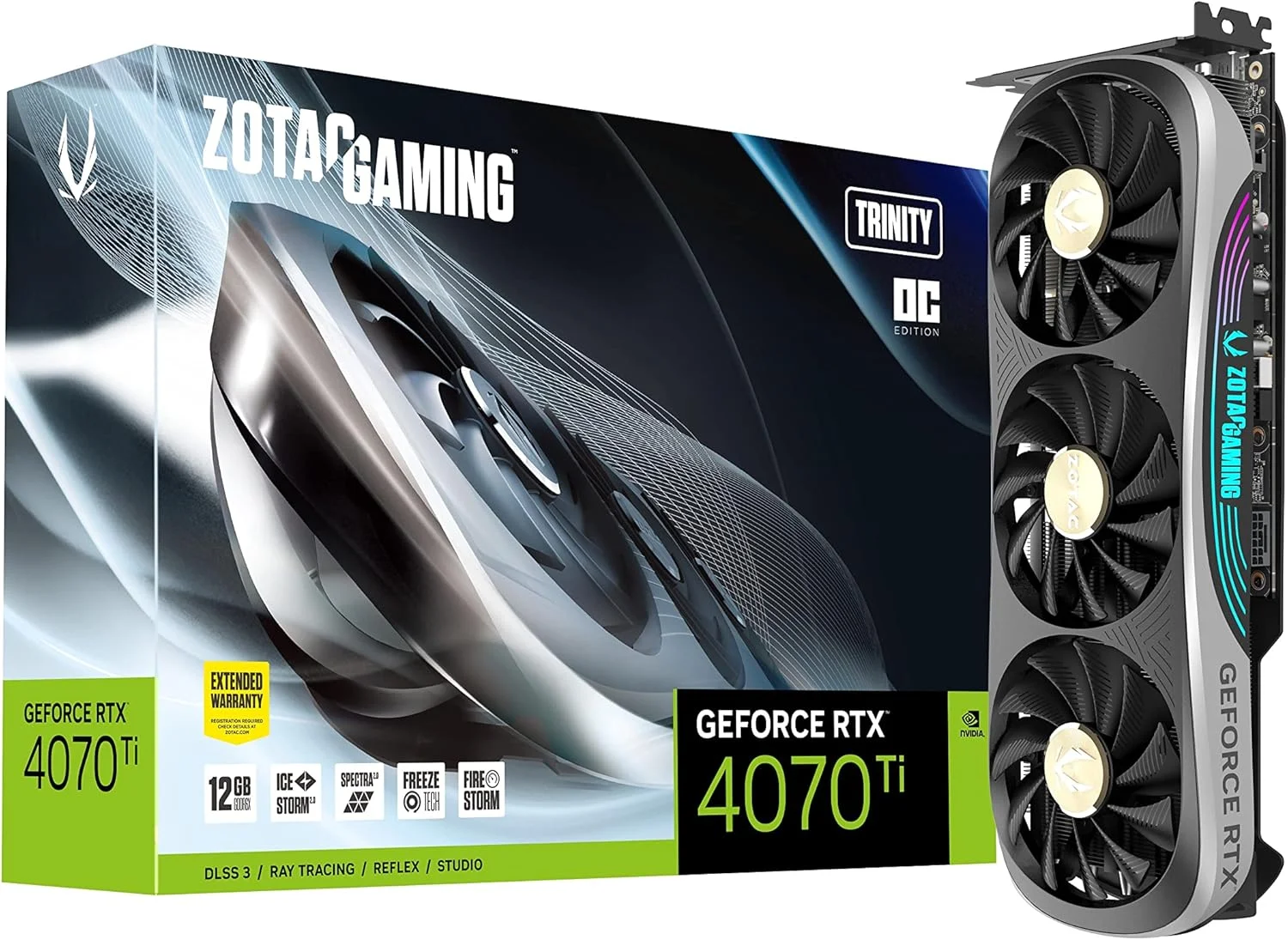 کارت گرافیک گیمینگ Zotac Gaming GeForce RTX 4070 Ti Trinity OC DLSS 3 12GB GDDR6X 192-bit 21 Gbps PCIE 4.0، خنک کننده پیشرفته IceStorm 2.0، نورپردازی Spectra 2.0 RGB، ZT-D40710J-10P