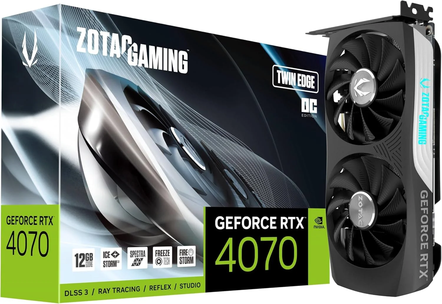 کارت گرافیک گیمینگ ZOTAC Gaming GeForce RTX 4070 Twin Edge OC GDDR6 DLSS 3 با حافظه 12GB GDDR6 192-bit 20 Gbps PCIE 4.0، خنک کننده پیشرفته IceStorm 2.0، نورپردازی Spectra RGB، ZT-D40740H-10M