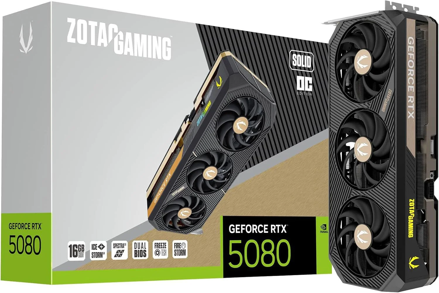 کارت گرافیک گیمینگ ZOTAC Gaming GeForce RTX 5080 Solid OC DLSS 4 با 16 گیگابایت حافظه GDDR7، رابط 256 بیتی، سرعت 30 گیگابیت بر ثانیه، PCIE 5.0، خنک کننده پیشرفته IceStorm 3.0، نورپردازی Spectra 2.0 ARGB، ZT-B50800J-10P