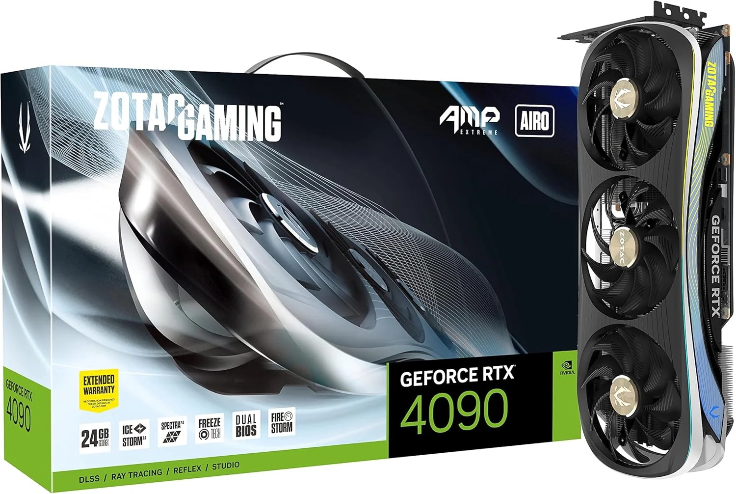 کارت گرافیک ZOTAC Gaming GeForce RTX 4090 AMP Extreme AIRO با حافظه 24GB GDDR6X 384-bit 21 Gbps PCIE 4.0، خنک کننده پیشرفته IceStorm 3.0، نورپردازی Spectra 2.0 RGB، ZT-D40900B-10P