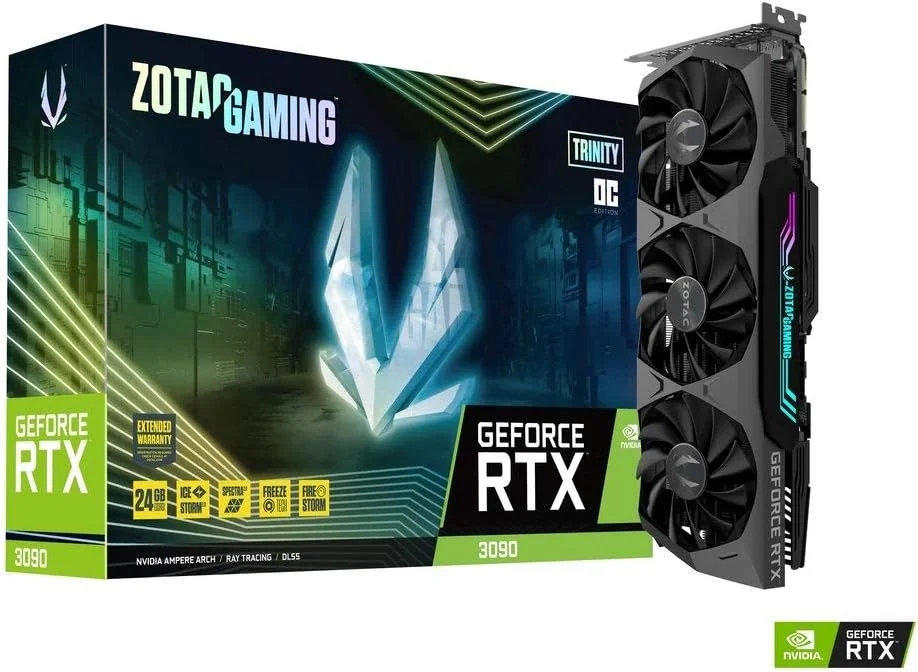 کارت گرافیک گیمینگ زوتک مدل Nvidia Geforce RTX 3090 Trinity OC با 24 گیگابایت حافظه GDDR6X، رابط 384 بیتی، سرعت 19.5 گیگابیت بر ثانیه، اسلات PCIe 4.0، سیستم خنک کننده پیشرفته Icestorm 2.0 و نورپردازی Spectra 2.0 RGB، ZT-A30900J-10P