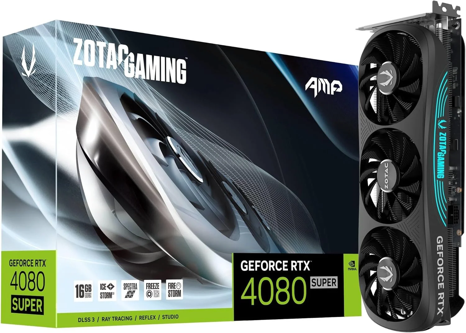 کارت گرافیک گیمینگ ZOTAC Gaming GeForce RTX 4080 Super AMP DLSS 3 با 16 گیگابایت حافظه GDDR6X، رابط 256 بیتی، سرعت 23 گیگابیت بر ثانیه، PCIE 4.0، خنک کننده پیشرفته IceStorm 2.0 و نورپردازی Spectra RGB، مدل ZT-D40820F-10P