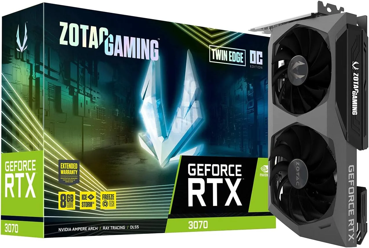 کارت گرافیک گیمینگ ZOTAC GAMING GeForce RTX 3070 Twin Edge OC با 8 گیگابایت حافظه GDDR6 256 بیتی 14 گیگابیت بر ثانیه PCIE 4.0، خنک کننده پیشرفته IceStorm 2.0، نورپردازی لوگو LED سفید، ZT-A30700H-10P