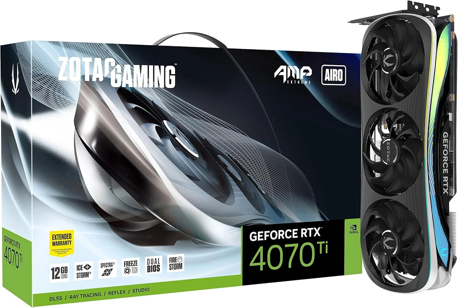 کارت گرافیک گیمینگ ZOTAC Gaming GeForce RTX 4070 Ti AMP Extreme AIRO DLSS 3 با 12 گیگابایت حافظه GDDR6X، رابط 192 بیتی، سرعت 21 گیگابیت بر ثانیه، PCIE 4.0، خنک کننده پیشرفته IceStorm 2.0 و نورپردازی Spectra 2.0 RGB، مدل ZT-D40710B-10P