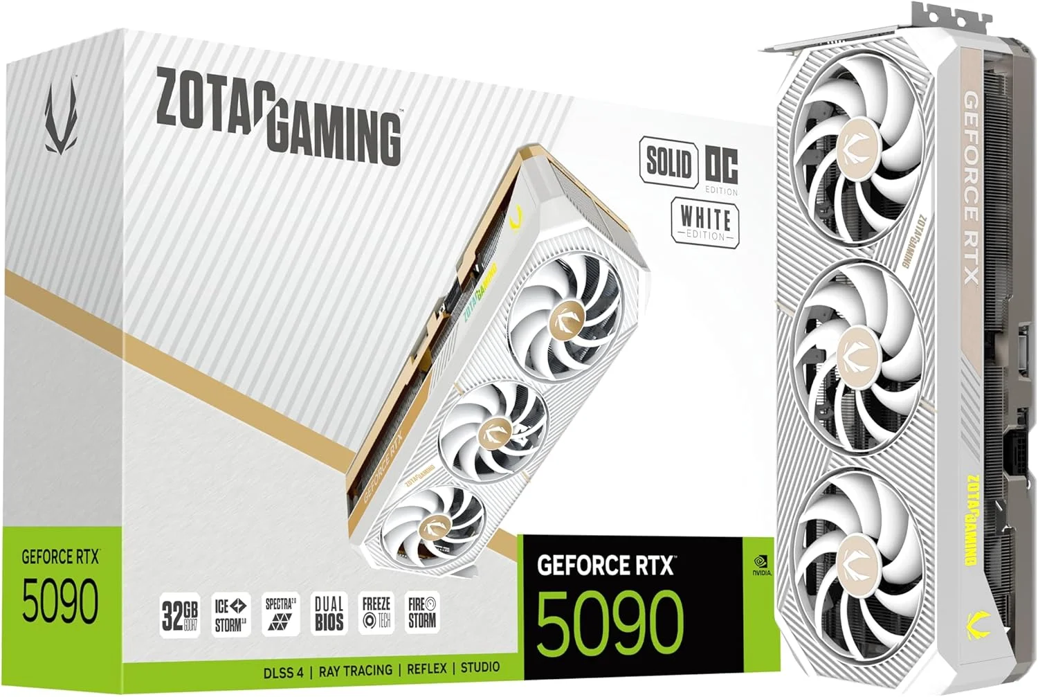 کارت گرافیک گیمینگ ZOTAC Gaming GeForce RTX 5090 Solid OC White Edition DLSS 4 با 32 گیگابایت حافظه GDDR7، رابط 512 بیتی، سرعت 28 گیگابیت بر ثانیه، PCIE 5.0، سیستم خنک کننده پیشرفته IceStorm 3.0، نورپردازی Spectra 2.0 ARGB، مدل ZT-B50900Q-10P