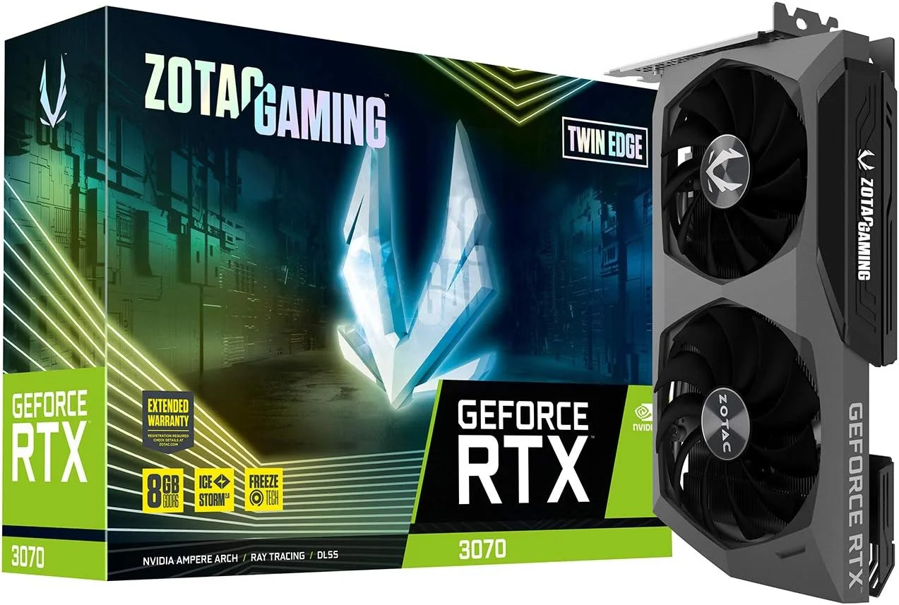 کارت گرافیک گیمینگ ZOTAC GAMING GeForce RTX 3070 Twin Edge با 8 گیگابایت حافظه GDDR6، رابط 256 بیتی، سرعت 14 گیگابیت بر ثانیه، PCIE 4.0، خنک کننده پیشرفته IceStorm 2.0 و نورپردازی LED سفید