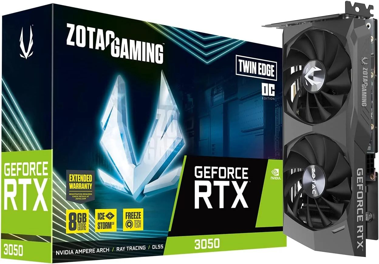 کارت گرافیک گیمینگ ZOTAC Gaming GeForce RTX 3050 Twin Edge OC با 8 گیگابایت حافظه GDDR6، رابط 128 بیتی، سرعت 14 گیگابیت بر ثانیه، PCIE 4.0، سیستم خنک کننده پیشرفته IceStorm 2.0، قابلیت توقف فن Freeze، کنترل فعال فن، ZT-A30500H-10M