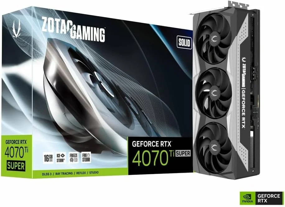 کارت گرافیک زوتک گیمینگ GEFORCE RTX 4070 Ti SUPER SOLID OC با 16 گیگابایت حافظه GDDR6X، رابط 256 بیتی، فرکانس 2640/21000، HDCP، سه پورت DP و HDMI به همراه بسته ویژه کارت گرافیک زوتک گیمینگ GEFORCE RTX 4070 Ti SUPER SOLID OC با 16 گیگابایت حافظه GDDR6X، رابط 256 بیتی، فرکانس 2640/21000، HDCP، سه پورت DP و HDMI به همراه بسته ویژه