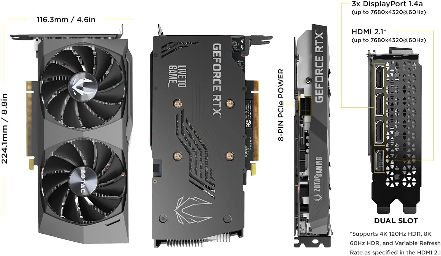 کارت گرافیک گیمینگ ZOTAC Gaming GeForce RTX 3050 Twin Edge OC با 8 گیگابایت حافظه GDDR6، رابط 128 بیتی، سرعت 14 گیگابیت بر ثانیه، PCIE 4.0، سیستم خنک کننده پیشرفته IceStorm 2.0، قابلیت توقف فن Freeze، کنترل فعال فن، ZT-A30500H-10M