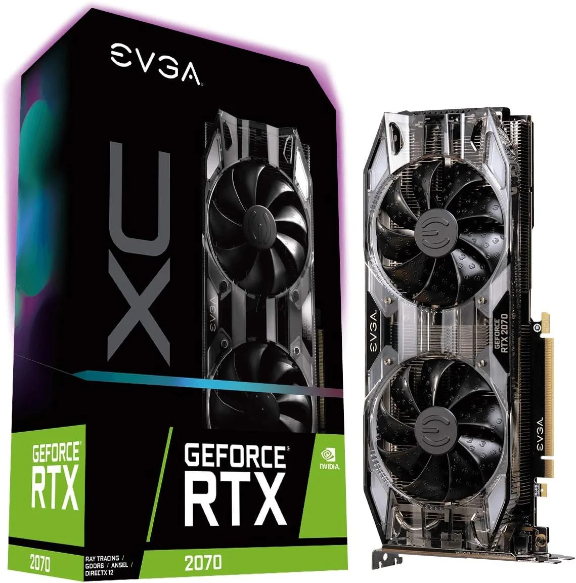 کارت گرافیک EVGA GeForce RTX 2070 XC Gaming با 8 گیگابایت حافظه GDDR6، دارای دو فن HDB و نورپردازی RGB، فرکانس بوست واقعی: 1710 مگاهرتز