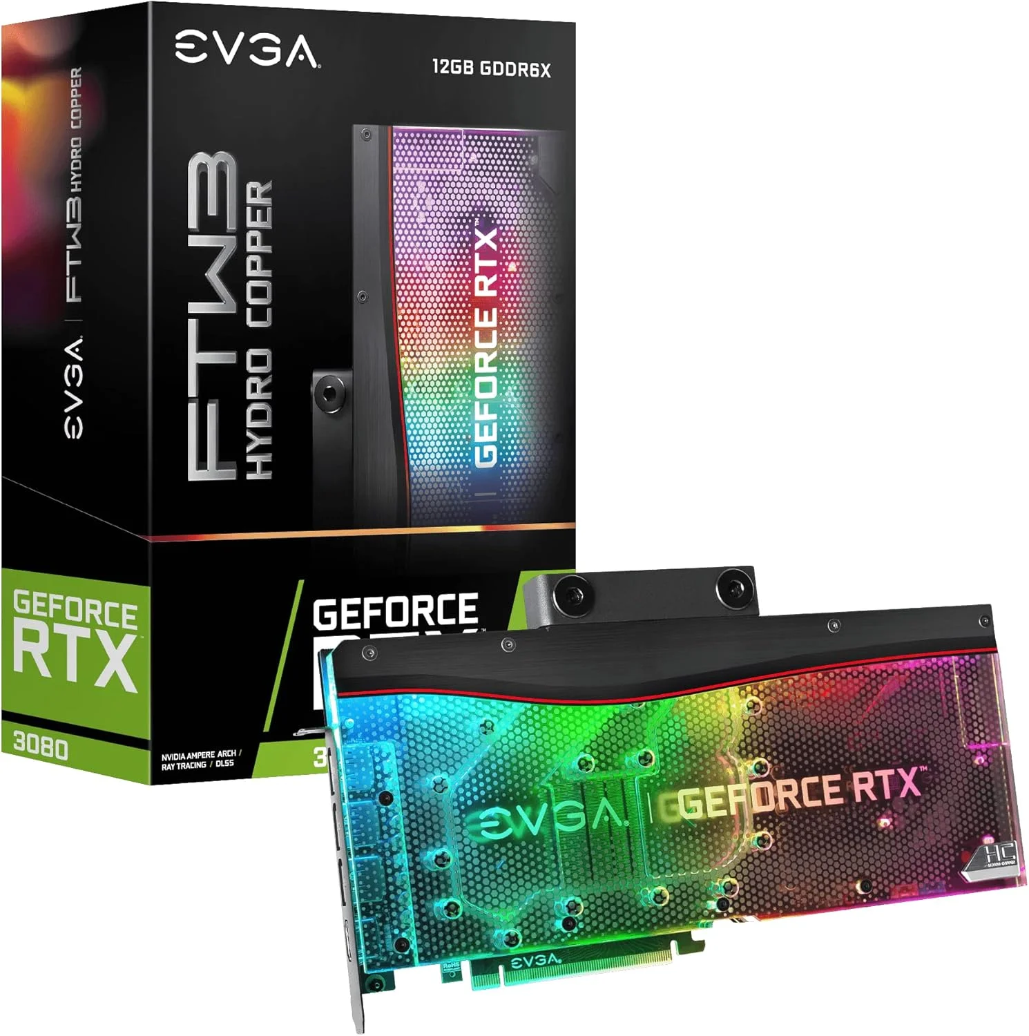 کارت گرافیک EVGA GeForce RTX 3080 12GB FTW3 ULTRA HYDRO COPPER GAMING، 12G-P5-4879-KL، با 12 گیگابایت حافظه GDDR6X، نورپردازی ARGB LED و صفحه پشتی فلزی