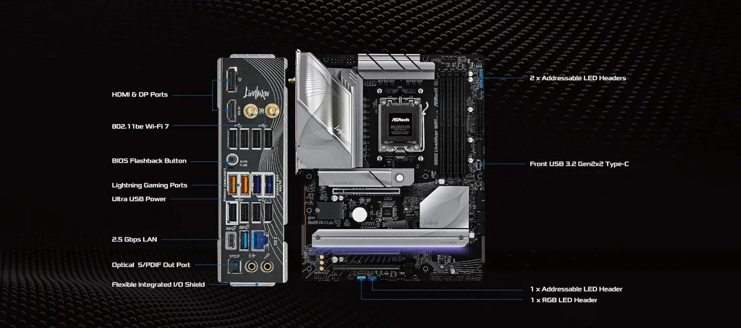 مادربرد ASRock B850 LiveMixer WiFi، سازگار با پردازندههای AMD Ryzen سری 9000/8000/7000 (سوکت AM5)، پشتیبانی از DDR5، فرم فاکتور ATX مادربرد ASRock B850 LiveMixer WiFi، سازگار با پردازندههای AMD Ryzen سری 9000/8000/7000 (سوکت AM5)، پشتیبانی از DDR5، فرم فاکتور ATX