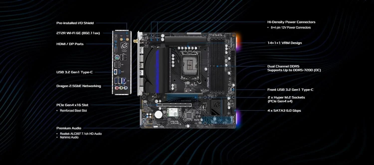 مادربرد ASRock B760M PG Riptide WiFi - پشتیبانی از پردازنده های نسل سیزدهم و دوازدهم Intel Core (LGA1700)، DDR5 7200MHz، PCIe 4.0، Micro ATX مادربرد ASRock B760M PG Riptide WiFi - پشتیبانی از پردازنده های نسل سیزدهم و دوازدهم Intel Core (LGA1700)، DDR5 7200MHz، PCIe 4.0، Micro ATX