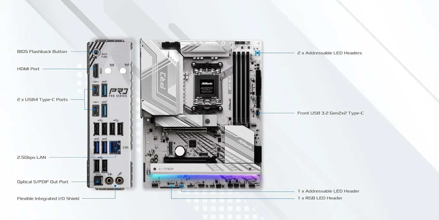 مادربرد ASRock X870 Pro RS AMD Ryzen Socket AM5 ATX با پشتیبانی از DDR5 DIMM تا 8000 مگاهرتز، 256 گیگابایت، PCIe Gen5 و SATA3 6.0 Gb/s مادربرد ASRock X870 Pro RS AMD Ryzen Socket AM5 ATX با پشتیبانی از DDR5 DIMM تا 8000 مگاهرتز، 256 گیگابایت، PCIe Gen5 و SATA3 6.0 Gb/s