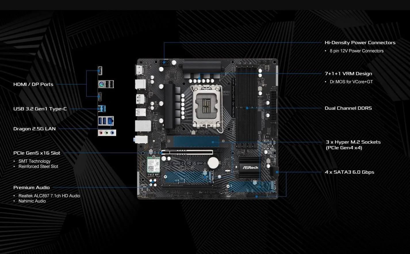 مادربرد ASRock B760M PG Lightning WiFi: پشتیبانی از پردازنده های نسل سیزدهم و دوازدهم Intel Core (LGA1700)، DDR5 7200MHz، PCIe 5.0، WiFi 6E، بلوتوث 5.3، فرم فاکتور ATX