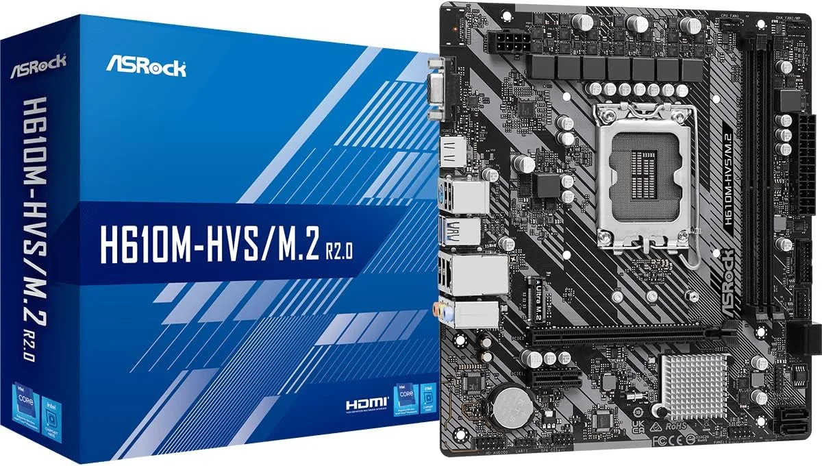 مادربرد ASRock H610M-HVS/M.2 R2.0، اینتل H610، سوکت 1700، Micro ATX، دو اسلات DDR4، VGA، HDMI، PCIe4، یک اسلات M.2 مادربرد ASRock H610M-HVS/M.2 R2.0، اینتل H610، سوکت 1700، Micro ATX، دو اسلات DDR4، VGA، HDMI، PCIe4، یک اسلات M.2