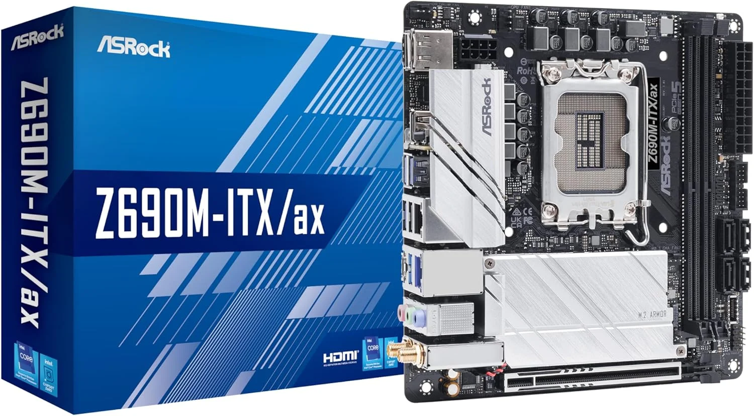 مادربرد ASRock Z690M-ITX/AX، اینتل Z690، سوکت 1700، Mini ITX، دو اسلات DDR4، HDMI، DP، Wi-Fi، LAN 2.5GB، PCIe5، دو اسلات M.2