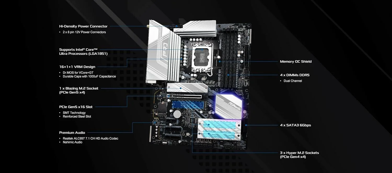 مادربرد ASRock Z890 Pro RS WiFi 6E Intel Core Ultra LGA1851 RL-ILM ATX DDR5 8666 MHz 256 GB Thunderbolt M.2 مادربرد ASRock Z890 Pro RS WiFi 6E Intel Core Ultra LGA1851 RL-ILM ATX DDR5 8666 MHz 256 GB Thunderbolt M.2
