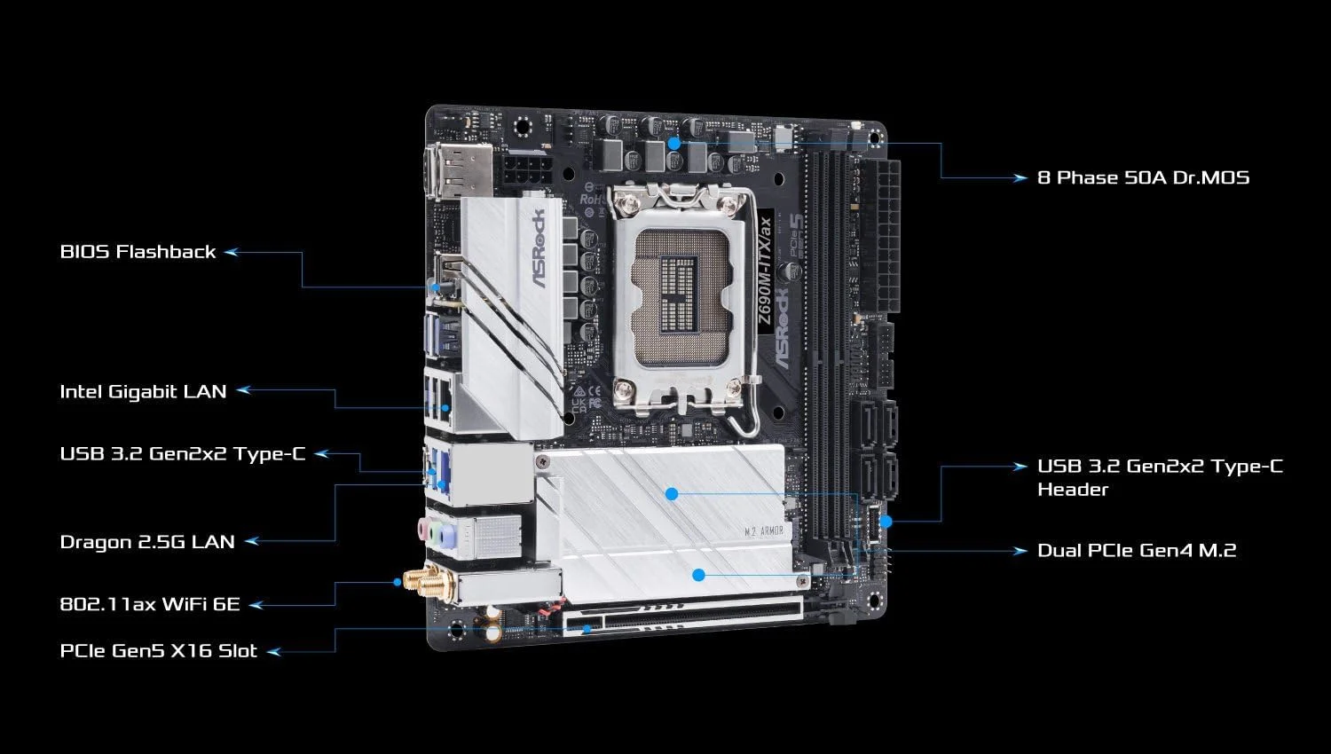 مادربرد ASRock Z690M-ITX/AX، اینتل Z690، سوکت 1700، Mini ITX، دو اسلات DDR4، HDMI، DP، Wi-Fi، LAN 2.5GB، PCIe5، دو اسلات M.2 مادربرد ASRock Z690M-ITX/AX، اینتل Z690، سوکت 1700، Mini ITX، دو اسلات DDR4، HDMI، DP، Wi-Fi، LAN 2.5GB، PCIe5، دو اسلات M.2