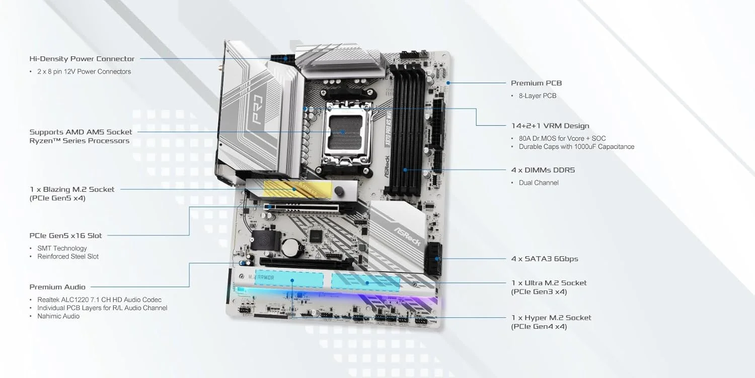 مادربرد ASRock X870 Pro RS WiFi AMD Ryzen Socket AM5 ATX با USB4 DDR5 8000 MHz 256 GB SATA3 6.0 Gb/s مادربرد ASRock X870 Pro RS WiFi AMD Ryzen Socket AM5 ATX با USB4 DDR5 8000 MHz 256 GB SATA3 6.0 Gb/s
