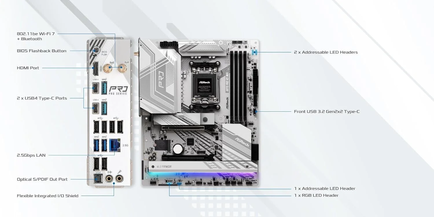 مادربرد ASRock X870 Pro RS WiFi AMD Ryzen Socket AM5 ATX با USB4 DDR5 8000 MHz 256 GB SATA3 6.0 Gb/s مادربرد ASRock X870 Pro RS WiFi AMD Ryzen Socket AM5 ATX با USB4 DDR5 8000 MHz 256 GB SATA3 6.0 Gb/s