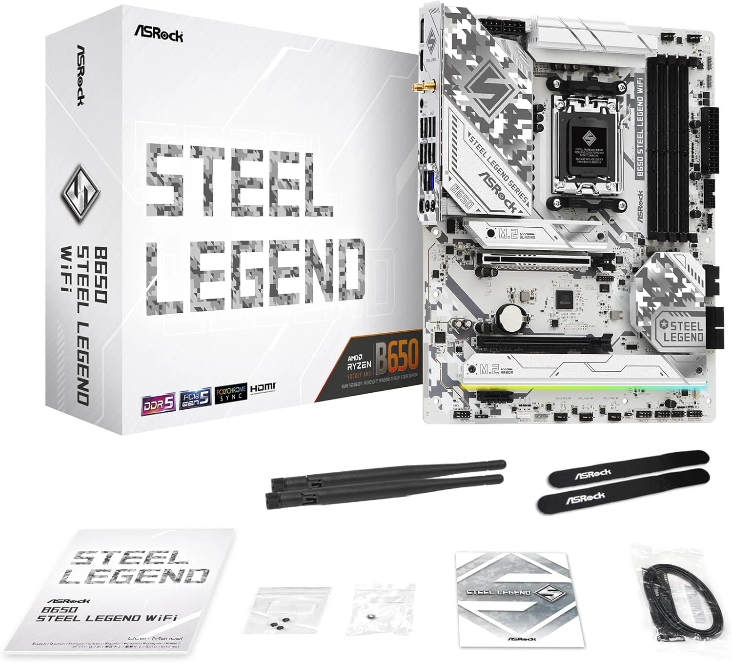 مادربرد ASRock B650 Steel Legend WiFi AMD Socket AM5 Ryzen™ سری 8000 و 7000، دارای 4 پورت SATA3، یک Blazing M.2 (PCIe Gen5x4) و دو Hyper M.2 (PCIe Gen4x4)