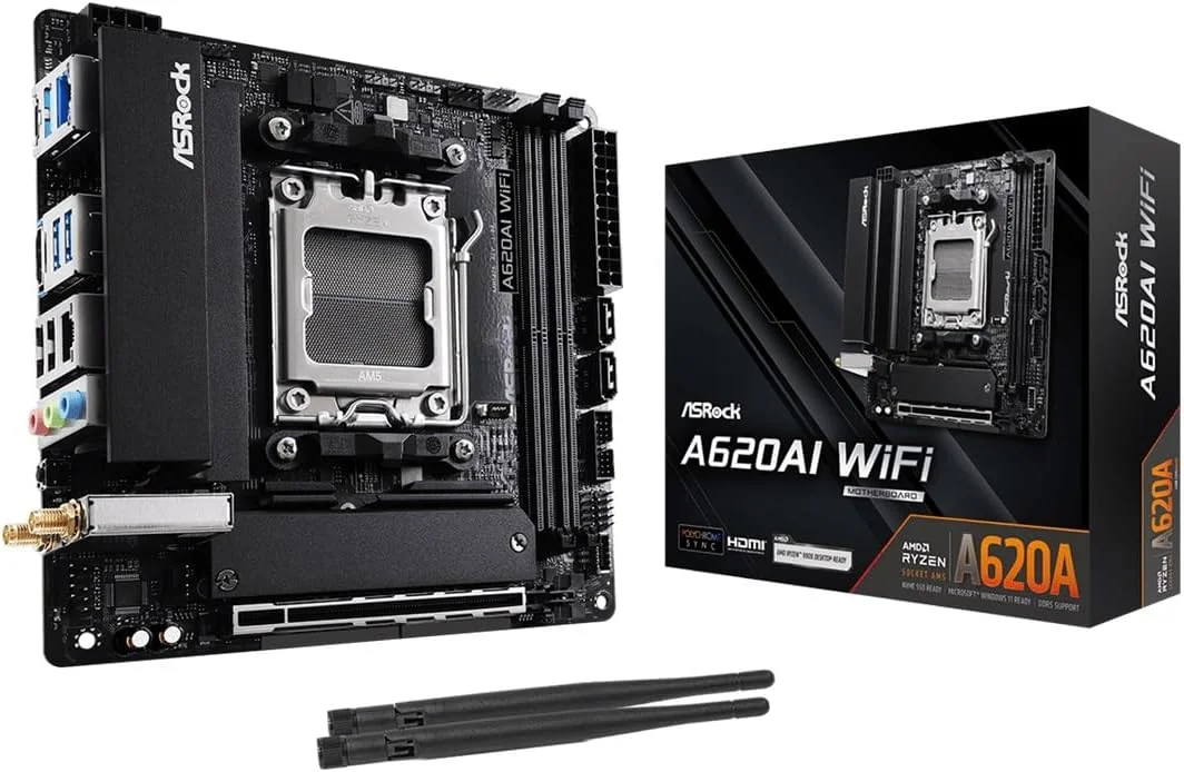 مادربرد ASRock A620AI WiFi Mini-ITX AM5، پشتیبانی از AMD Ryzen سری 9000/8000/7000، DDR5 8200+ (OC)، PCIe 4.0، Dual M.2، WiFi 6E، LAN 2.5G، USB 3.2 Gen2