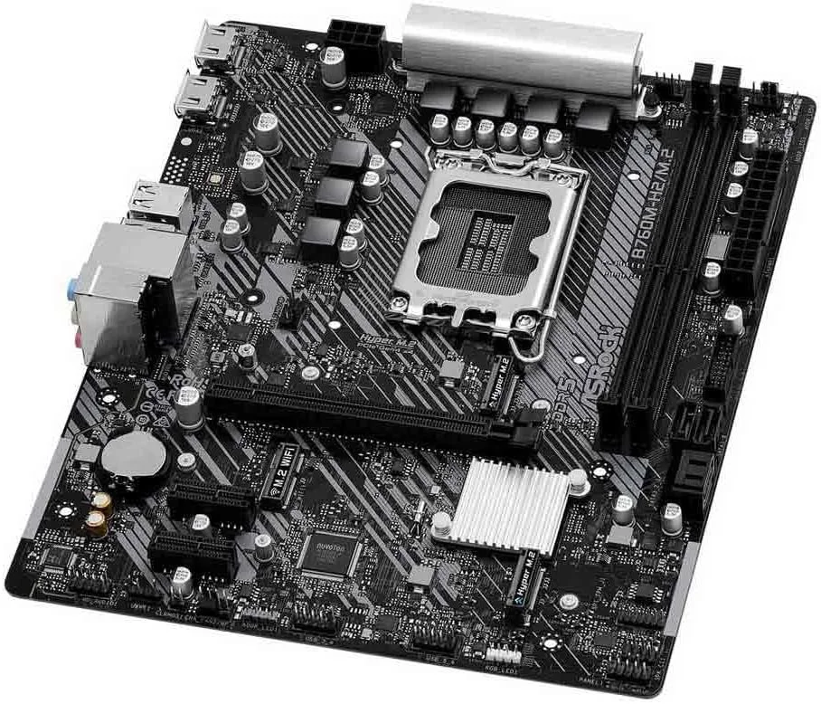 مادربرد Asrock B760M-H2/M.2، چیپست Intel B760، سوکت 1700، فرم فاکتور Micro ATX، دو اسلات DDR5، دو پورت HDMI، شبکه 2.5G LAN، اسلات PCIe4، دو اسلات M.2