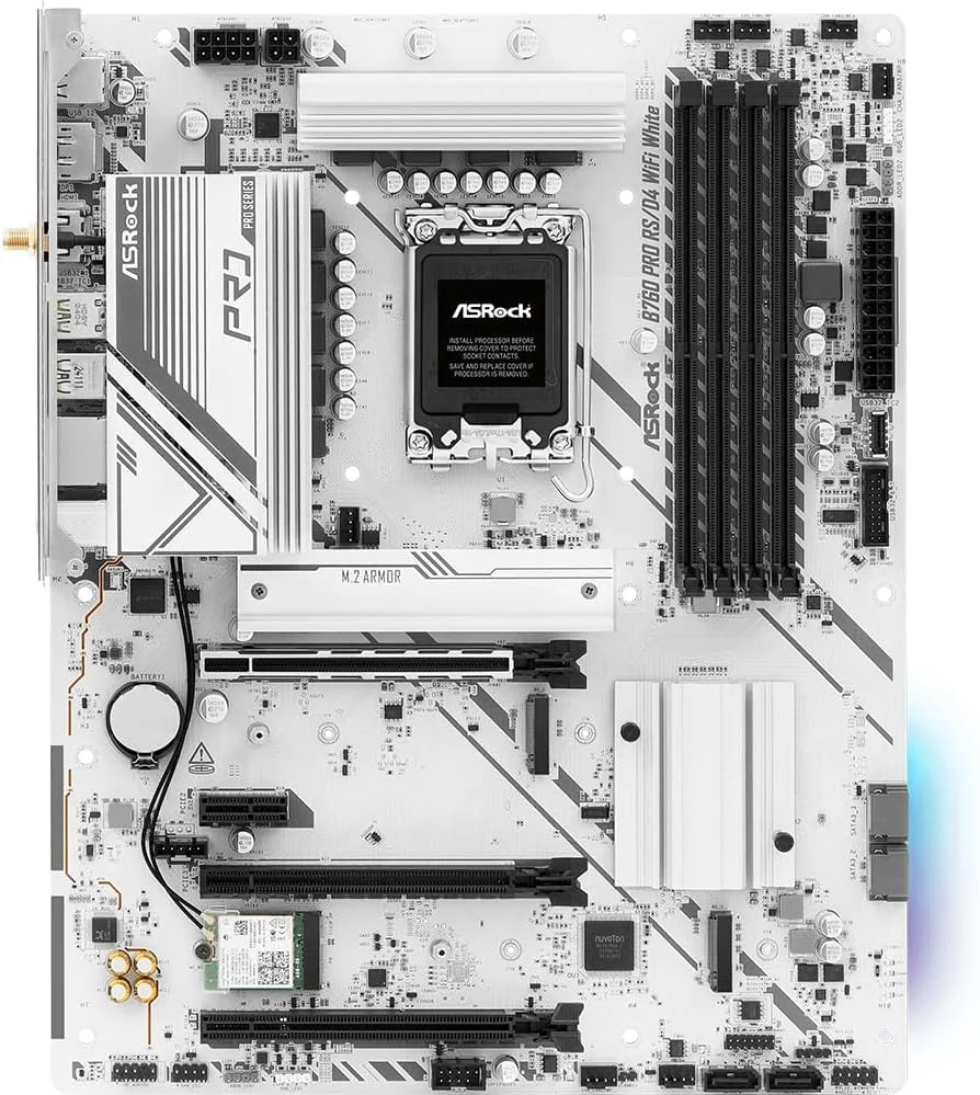 مادربرد ASRock B760 Pro RSD4 WiFi White ATX | پشتیبانی از نسل چهاردهم/سیزدهم/دوازدهم اینتل | DDR4 5333+ (OC) | WiFi 6E | 2.5G LAN | طراحی سفید | دارای محافظ I/O از پیش نصب شده