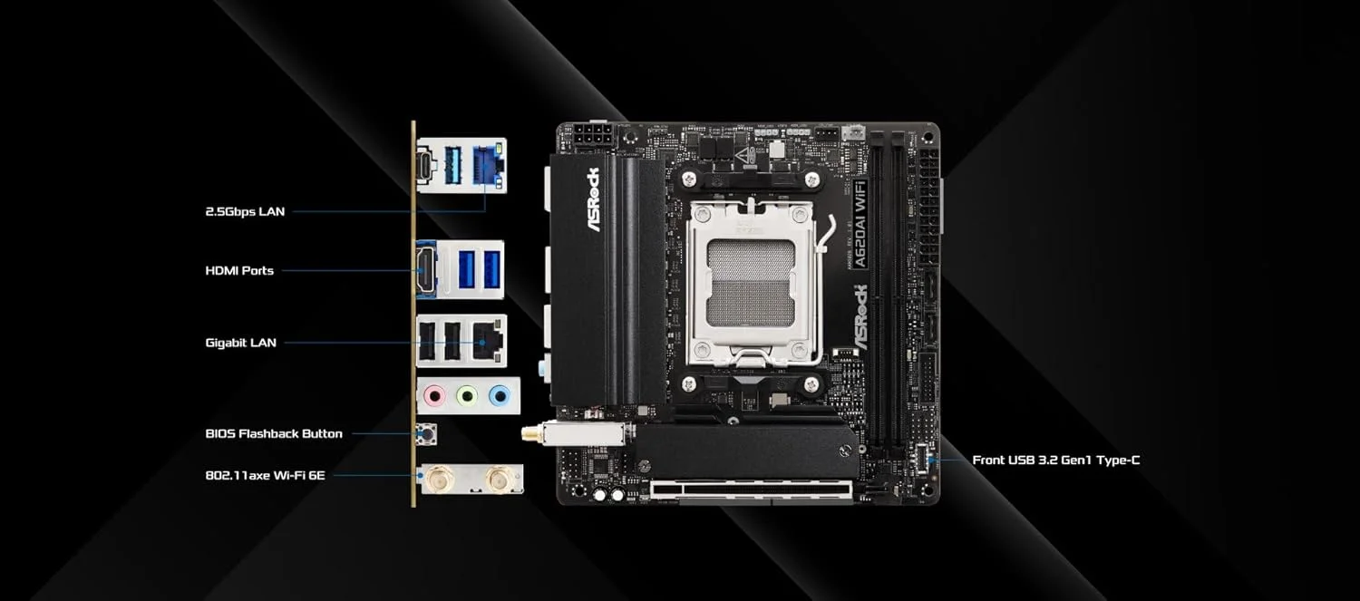 مادربرد ASRock A620AI WiFi Mini-ITX AM5، پشتیبانی از AMD Ryzen سری 9000/8000/7000، DDR5 8200+ (OC)، PCIe 4.0، Dual M.2، WiFi 6E، LAN 2.5G، USB 3.2 Gen2