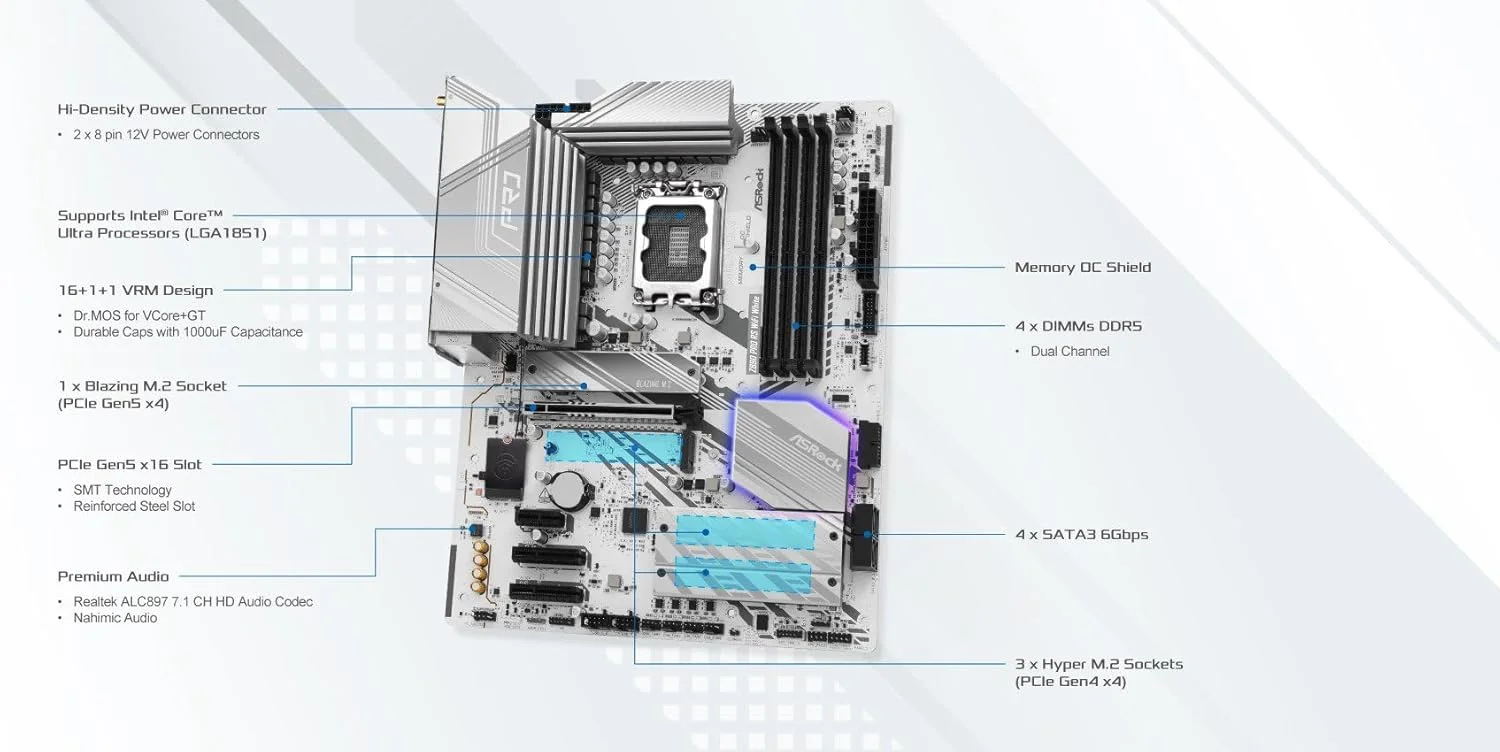 مادربرد ASRock Z890 Pro RS WiFi 6E White Intel Core Ultra LGA1851 RL-ILM DDR5 8666 MHz 256 GB ATX M.2 مادربرد ASRock Z890 Pro RS WiFi 6E White Intel Core Ultra LGA1851 RL-ILM DDR5 8666 MHz 256 GB ATX M.2
