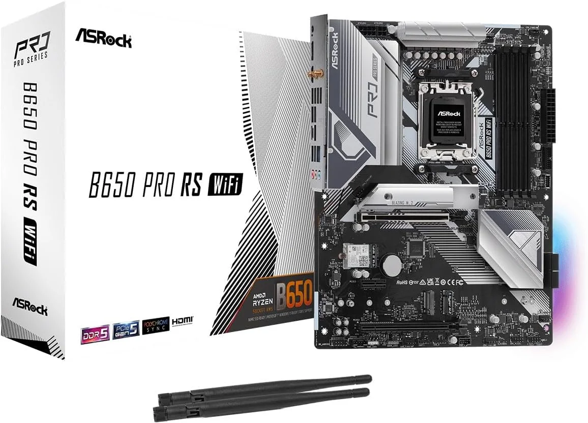 مادربرد ASRock B650 Pro RS WiFi سازگار با پردازنده‌های سری AMD Ryzen 7000 (سوکت AM5)، چیپست B650، حافظه DDR5، فرم فاکتور ATX