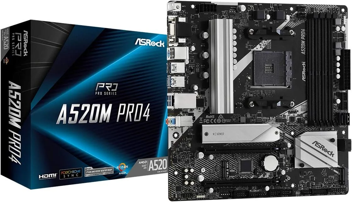 مادربرد ASRock A520M Pro4 سازگار با پردازنده‌های AMD Ryzen سری 3000/4000 (سوکت AM4) با چیپست A520، Micro ATX [محصول نمایندگی مجاز داخلی]
